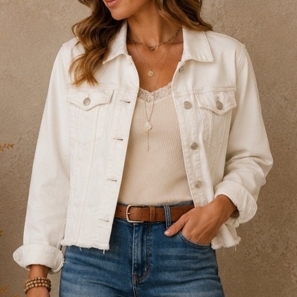 Kut from the Kloth Jackets & Blazers - KUT from the Kloth Womens White Raw Hem Denim Trucker Jacket Size XS Cropped